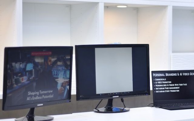 AI lab screens showing AI video generation and personal branding projects